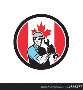 Canadian Mechanic Canada Flag Icon. Icon retro style illustration of a Canadian auto mechanic or industrial maintenance mechanic holding wrench with Canada maple leaf flag set inside circle on isolated background.. Canadian Mechanic Canada Flag Icon