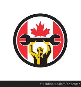Canadian Mechanic Canada Flag Icon. Icon retro style illustration of a Canadian automotive mechanic lifting spanner with Canada maple leaf flag set inside circle on isolated background.. Canadian Mechanic Canada Flag Icon