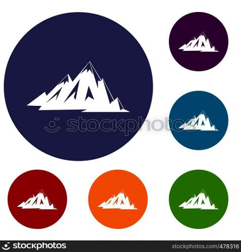 Canadian mountains icons set in flat circle red, blue and green color for web. Canadian mountains icons set