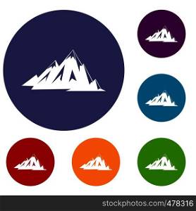 Canadian mountains icons set in flat circle red, blue and green color for web. Canadian mountains icons set