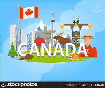 Canadian National Symbols Composition Flat POster . Canadian national cultural symbols landmarks and places of interest for tourists flat composition background poster vector illustration