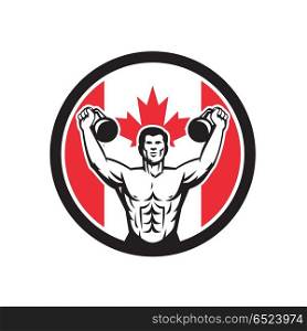 Canadian Physical Fitness Canada Flag Icon. Icon retro style illustration of a Canadian physical fitness buff training with kettlebell and Canada maple leaf flag set inside circle on isolated background.. Canadian Physical Fitness Canada Flag Icon