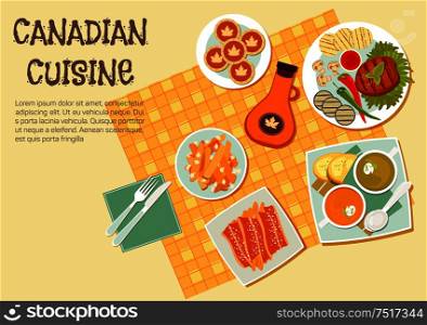 Canadian picnic dishes icon with top view of table with grilled beef steak and vegetables on the side, french fries topped with cheese curd and bacon, creamy pea and pumpkin soups, maple syrup bottle and butter tarts. Flat style. Canadian cuisine dishes for picnic or bbq icon