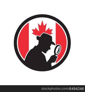 Canadian Private Investigator Canada Flag Icon. Icon retro style illustration of a silhouette of Canadian private investigator with magnifying glass with Canada maple leaf flag set inside circle on isolated background.. Canadian Private Investigator Canada Flag Icon