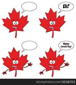 Canadian Red Maple Leaf Cartoon Mascot Character Set 2.Vector Collection Isolated On White Background