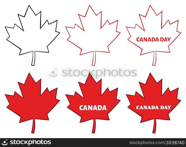 Canadian Red Maple Leaf Line Cartoon Drawing. Vector Collection Isolated On White Background