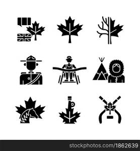 Canadian representation black glyph icons set on white space. Official country symbols. Historic and cultural heritage. Maple leaf emblem. Silhouette symbols. Vector isolated illustration. Canadian representation black glyph icons set on white space