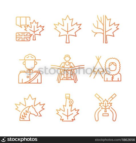 Canadian representation gradient linear vector icons set. Historic and cultural heritage. Maple leaf emblem. Thin line contour symbols bundle. Isolated outline illustrations collection. Canadian representation gradient linear vector icons set