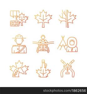 Canadian representation gradient linear vector icons set. Historic and cultural heritage. Maple leaf emblem. Thin line contour symbols bundle. Isolated outline illustrations collection. Canadian representation gradient linear vector icons set