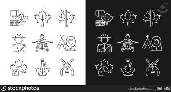 Canadian representation linear icons set for dark and light mode. Official country symbols. National heritage. Customizable thin line symbols. Isolated vector outline illustrations. Editable stroke. Canadian representation linear icons set for dark and light modes set
