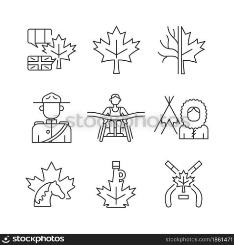 Canadian representation linear icons set. Official country symbols. National heritage. Customizable thin line contour symbols. Isolated vector outline illustrations. Editable stroke. Canadian representation linear icons set