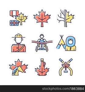 Canadian representation RGB color icons set. Official country symbols. Significant marks of Canada. National heritage. Isolated vector illustrations. Simple filled line drawings collection. Canadian representation RGB color icons set