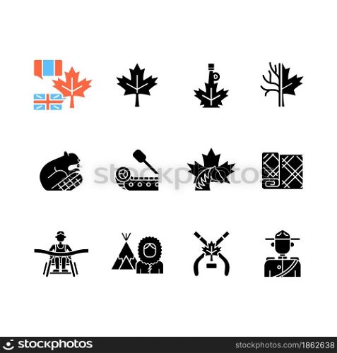 Canadian symbols black glyph icons set on white space. Official canadian emblem. North american beaver. Ice hockey. Maple leaf tartan. Silhouette symbols. Vector isolated illustration. Canadian symbols black glyph icons set on white space
