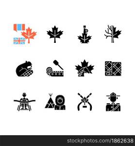 Canadian symbols black glyph icons set on white space. Official canadian emblem. North american beaver. Ice hockey. Maple leaf tartan. Silhouette symbols. Vector isolated illustration. Canadian symbols black glyph icons set on white space