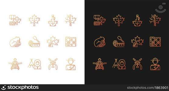Canadian symbols gradient icons set for dark and light mode. Official canadian emblem. Thin line contour symbols bundle. Isolated vector outline illustrations collection on black and white. Canadian symbols gradient icons set for dark and light mode
