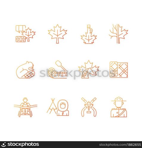 Canadian symbols gradient linear vector icons set. Official canadian emblem. North american beaver. Maple leaf tartan. Thin line contour symbols bundle. Isolated outline illustrations collection. Canadian symbols gradient linear vector icons set