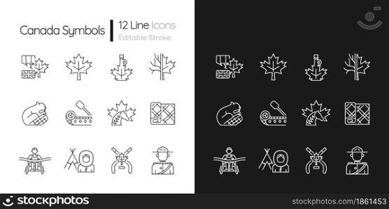 Canadian symbols linear icons set for dark and light mode. Official canadian emblem. North american beaver. Customizable thin line symbols. Isolated vector outline illustrations. Editable stroke. Canadian symbols linear icons set for dark and light modes set