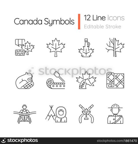 Canadian symbols linear icons set. Official canadian emblem. North american beaver. Ice hockey. Customizable thin line contour symbols. Isolated vector outline illustrations. Editable stroke. Canadian symbols linear icons set