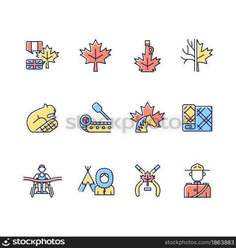 Canadian symbols RGB color icons set. Official canadian emblem. Maple tree. North american beaver. Ice hockey. Isolated vector illustrations. Simple filled line drawings collection. Canadian symbols RGB color icons set