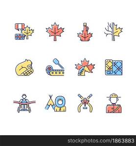 Canadian symbols RGB color icons set. Official canadian emblem. Maple tree. North american beaver. Ice hockey. Isolated vector illustrations. Simple filled line drawings collection. Canadian symbols RGB color icons set