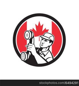 Canadian Telephone Installation Repair Technician Icon. Icon retro style illustration of a Canadian telephone installation repair technician or repairman holding phone with Canada maple leaf flag set inside circle on isolated background.. Canadian Telephone Installation Repair Technician Icon