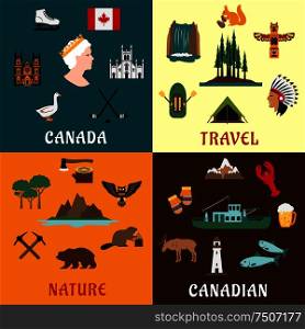 Canadian travel symbols and nature landmarks with national flag, fishing and timber industry, hockey, forest, waterfall, mountains, aboriginal culture, animals and bird flat icons. Canadian travel and nature flat icons