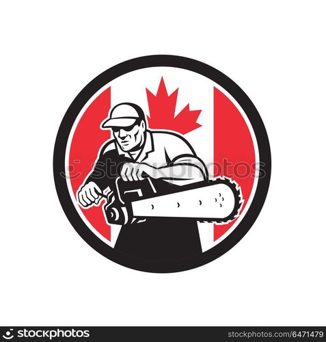 Canadian Tree Surgeon Chainsaw Canada Flag. Icon retro style illustration of a Canadian tree surgeon or lumberjack holding a chainsaw with Canada maple leaf flag set inside circle on isolated background.. Canadian Tree Surgeon Chainsaw Canada Flag