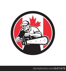 Canadian Tree Surgeon Chainsaw Canada Flag. Icon retro style illustration of a Canadian tree surgeon or lumberjack holding a chainsaw with Canada maple leaf flag set inside circle on isolated background.. Canadian Tree Surgeon Chainsaw Canada Flag