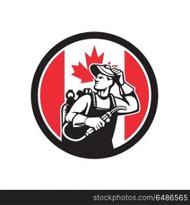 Canadian Welder Canada Flag Icon. Icon retro style illustration of a Canadian welder or lit operator with visor holding welding torch with Canada maple leaf flag set inside circle on isolated background.. Canadian Welder Canada Flag Icon