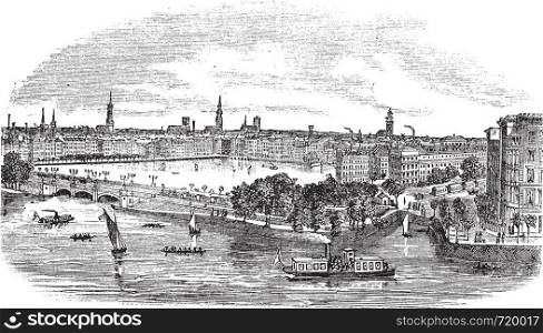 Canal and buildings at Hamburg,Germany vintage engraving. Old engraved illustration of beautiful view of hamburg, during the 1800s.
