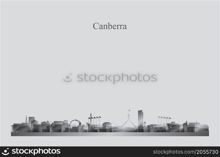 Canberra city skyline silhouette in a grayscale vector illustration