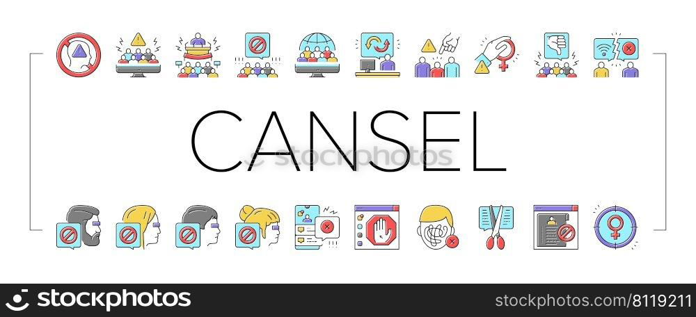 Cancel Culture And Discrimination Icons Set Vector. Cancel Male And Female Person, Backlash People And Social Boycott Problem, Harassment And Sexism Society Reaction Color Illustrations. Cancel Culture And Discrimination Icons Set Vector