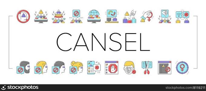 Cancel Culture And Discrimination Icons Set Vector. Cancel Male And Female Person, Backlash People And Social Boycott Problem, Harassment And Sexism Society Reaction Color Illustrations. Cancel Culture And Discrimination Icons Set Vector