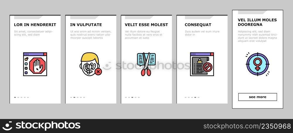 Cancel Culture And Discrimination Onboarding Mobile App Page Screen Vector. Cancel Male And Female Person, Backlash People And Social Boycott Problem, Harassment Sexism Society Reaction Illustrations. Cancel Culture And Discrimination Onboarding Icons Set Vector