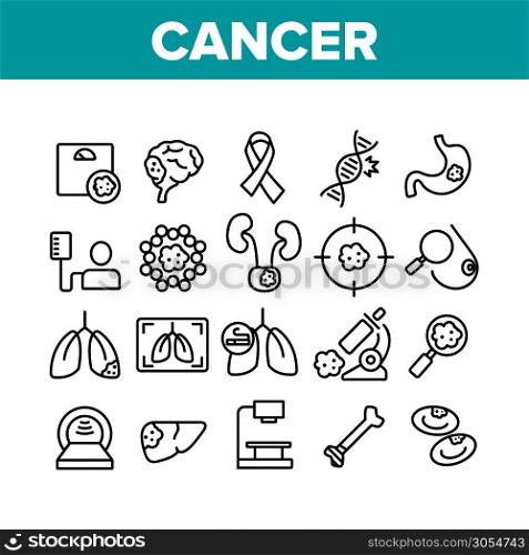 Cancer Anatomy Disease Collection Icons Set Vector Thin Line. Cancer Of Stomach And Lungs, Bones And Breasts, Brain And Liver Concept Linear Pictograms. Monochrome Contour Illustrations. Cancer Anatomy Disease Collection Icons Set Vector