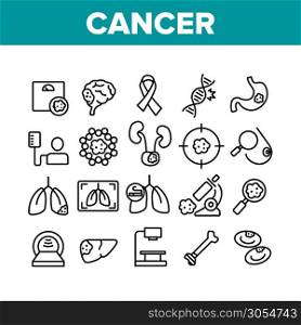 Cancer Anatomy Disease Collection Icons Set Vector Thin Line. Cancer Of Stomach And Lungs, Bones And Breasts, Brain And Liver Concept Linear Pictograms. Monochrome Contour Illustrations. Cancer Anatomy Disease Collection Icons Set Vector