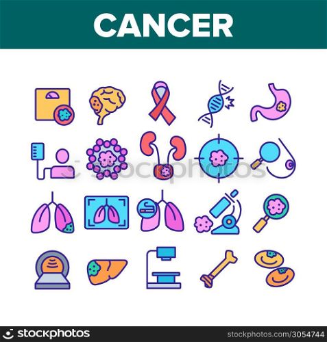 Cancer Anatomy Disease Collection Icons Set Vector Thin Line. Cancer Of Stomach And Lungs, Bones And Breasts, Brain And Liver Concept Linear Pictograms. Color Contour Illustrations. Cancer Anatomy Disease Collection Icons Set Vector