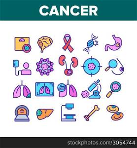 Cancer Anatomy Disease Collection Icons Set Vector Thin Line. Cancer Of Stomach And Lungs, Bones And Breasts, Brain And Liver Concept Linear Pictograms. Color Contour Illustrations. Cancer Anatomy Disease Collection Icons Set Vector