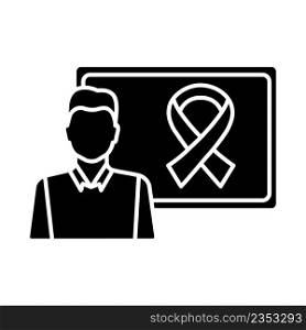 Cancer awareness black glyph icon. Medical education. Cancer information. Symptoms and treatment. Risks and factors. Silhouette symbol on white space. Solid pictogram. Vector isolated illustration. Cancer awareness black glyph icon