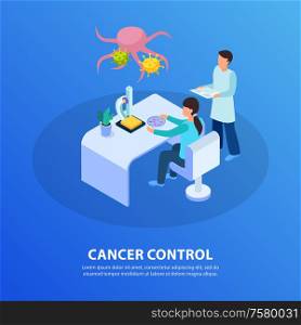 Cancer control isometric blue background symbolic composition with tissue sample laboratory test revealing tumor cells vector illustration