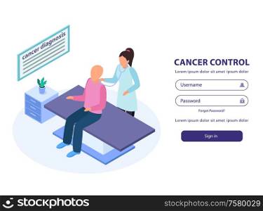 Cancer control sign in web page isometric background with doctor examining patient on medical couch vector illustration