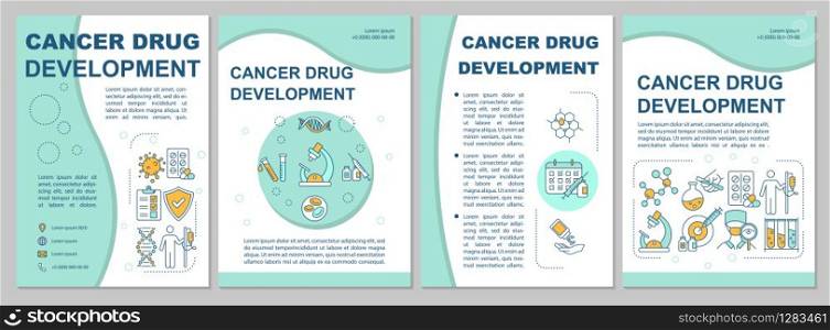 Cancer drug development brochure template. Oncology treatment. Pharmacology. Flyer, booklet, leaflet print design with linear icons. Vector layouts for magazines, annual reports, advertising posters