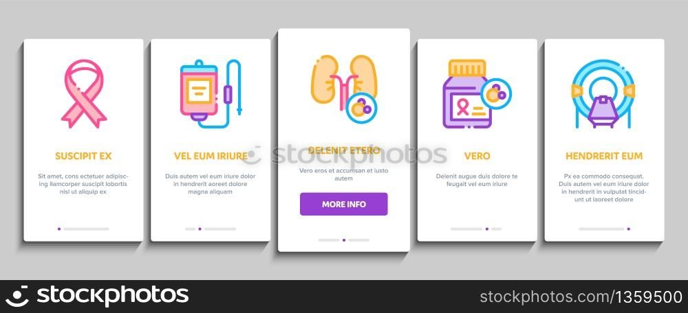 Cancer Human Disease Onboarding Mobile App Page Screen Vector. Stomach And Intestines, Brain And Kidneys, Liver And Lungs Cancer, Research And Treatment Color Contour Illustrations. Cancer Human Disease Onboarding Elements Icons Set Vector