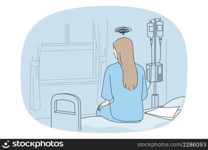 Cancer illness and sadness concept. Sad woman sitting on bed in clinic with dropper having chemotherapy trying to cure cancer vector illustration . Cancer illness and sadness concept.