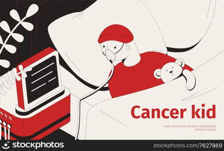 Cancer kid isometric background with view of hospital bed and child in breathing mask with text vector illustration