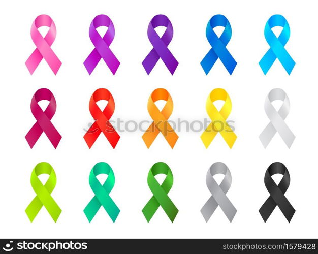 Cancer Ribbon. Awareness ribbon different color set. International Day of cancer, World Cancer Day. Vector illustration design.