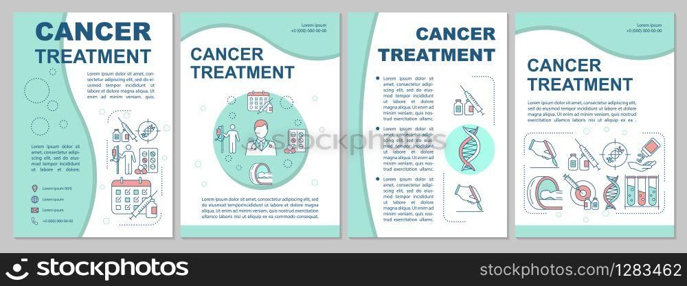 Cancer treatment brochure template. Chemotherapy. Oncology drug therapy. Flyer, booklet, leaflet print, cover design with linear icons. Vector layouts for magazines, reports, advertising posters