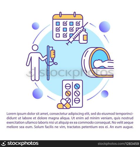 Cancer treatment concept icon with text. Radiotherapy. Chemotherapy and surgery. PPT page vector template. Oncology drug therapy. Brochure, magazine, booklet design element with linear illustrations