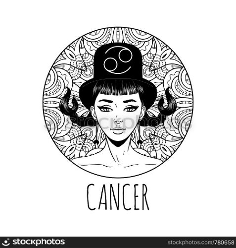Cancer zodiac sign artwork, adult coloring book page, beautiful horoscope symbol girl, vector illustration