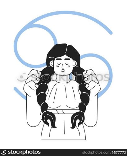 Cancer zodiac sign monochrome concept vector spot illustration. Young girl with two braids 2D flat bw cartoon character for web UI design. Astrology isolated editable hand drawn hero image. Cancer zodiac sign monochrome concept vector spot illustration